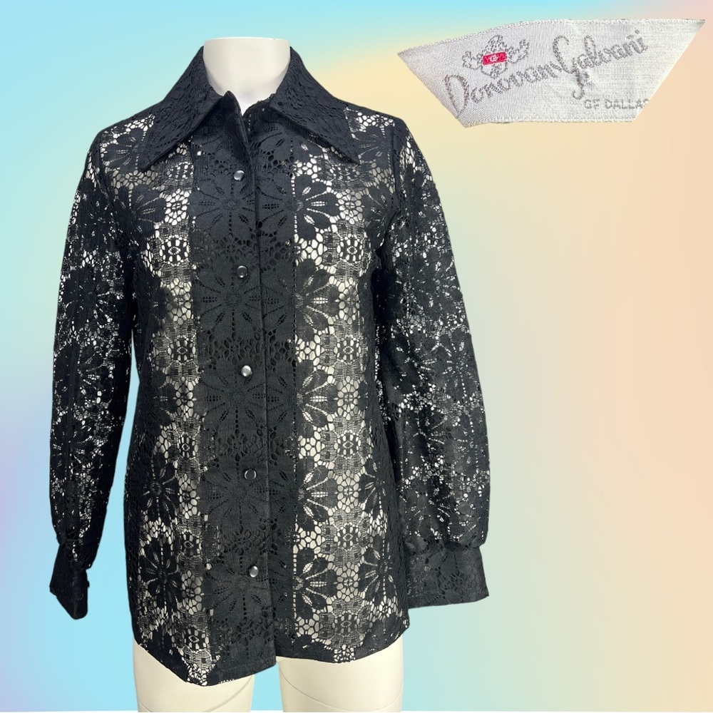 VTG 70's Black Donovan Galvani of Dallas Floral Lace Button Down Shirt